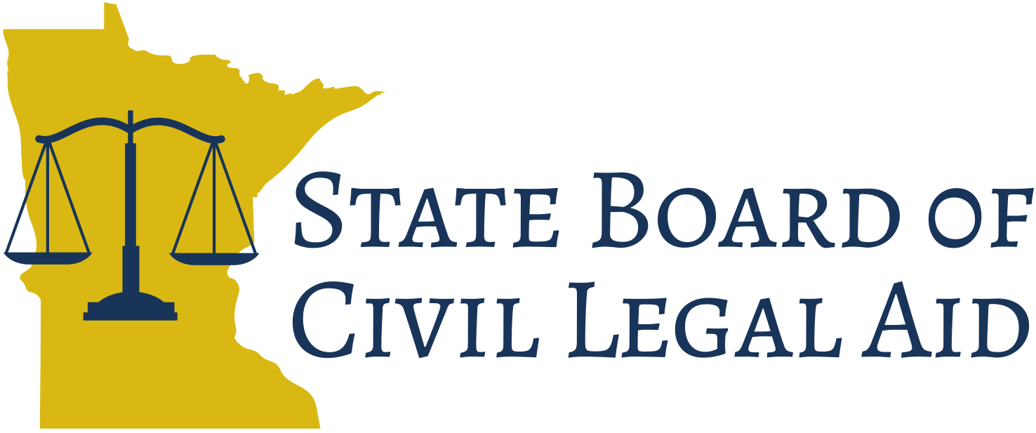 Yellow outline of the state of Minnesota behind blue scales of justice, next to words 
